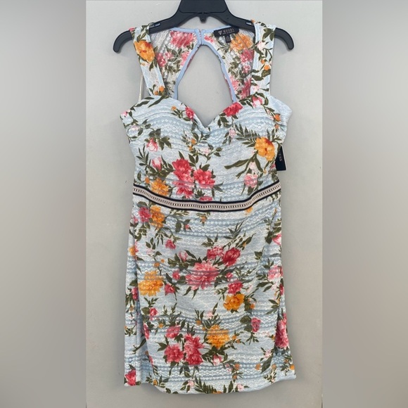 Guess Dresses & Skirts - Guess Blue Lace Floral Mini Bodycon Dress Keyhole Back Sleeveles Lattice Size 14